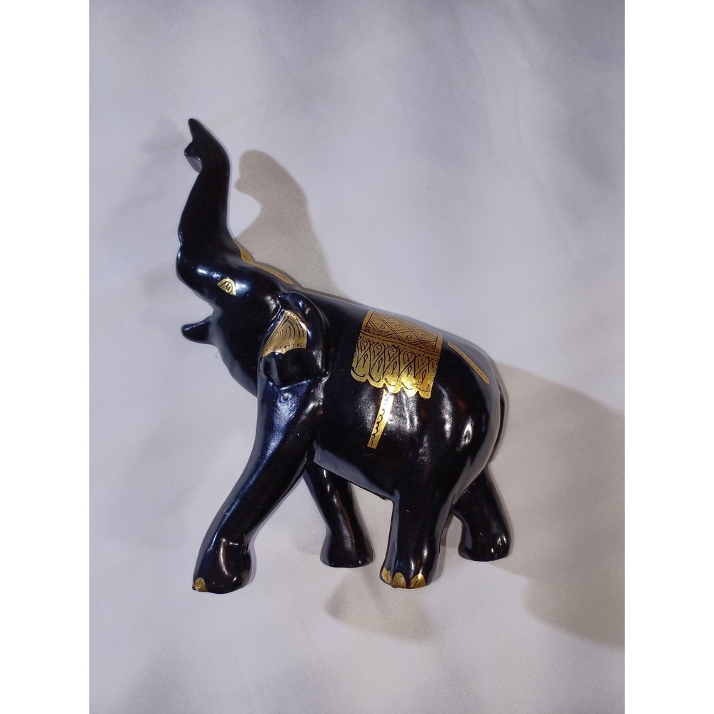 Black Gold Elephant Figurine Resin Statue Trunk Up Collectible Decor Art